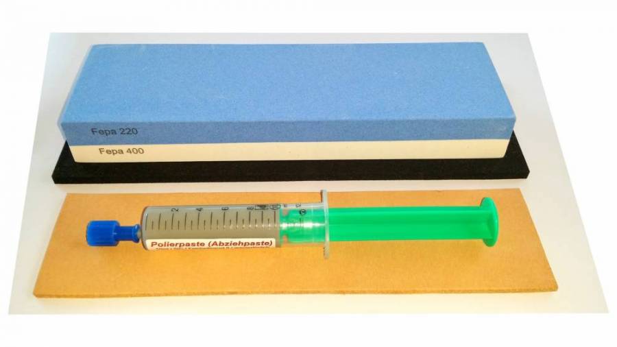 Messer-Sch�rf-Set, 3-teilig, 6cm breiter Korund 220/400 (240/1000JIS)+ Leder + Polierpaste